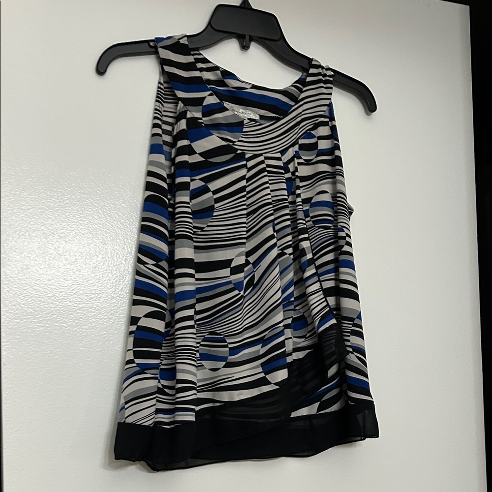 dressbarn Black White and Blue Striped Geometric Sleeveless Top